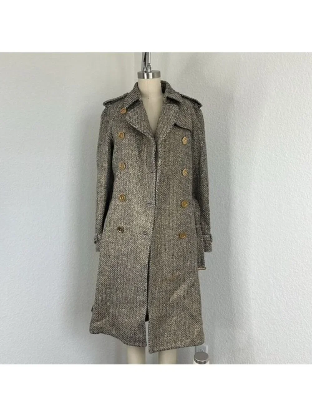 Burberry Metallic Tweed Gold Belted Trench Coat Jacket - Picture 3 of 15